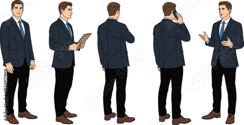 Confident Businessman Corporate Character Design Vector Set: Various Poses Including Standing, Talking, Phone Call, Holding Clipboard, and Back View for Business Concepts