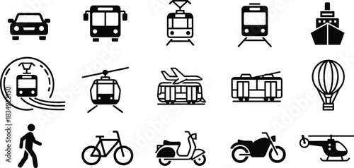 Diverse Urban and Public Transportation Vector Icon Set Includes Car, Bus, Train, Tram, Ship, Airplane, Helicopter, Bike, Scooter, and Pedestrian Mobility Black Silhouette Symbols