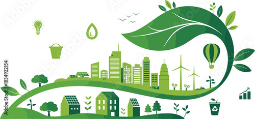 Eco-Friendly Sustainable Cityscape with Green Energy, Recycling Icons, and Nature Elements Promoting Environmental Awareness and Clean Living