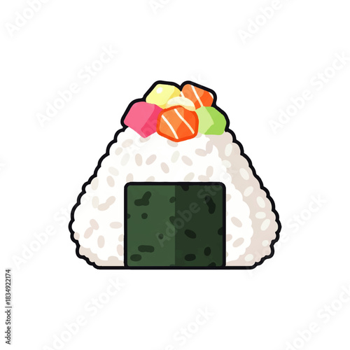 A delicious and appealing flat vector icon illustration of a triangular onigiri rice ball adorned with colorful toppings