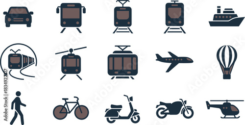 Grid of Transportation Icons – Car, Bus, Tram, Train, Air, Pedestrian, Bicycle, Scooter – Vector Set for Mobility Design