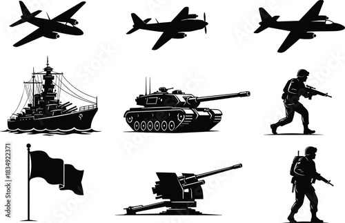 Military silhouette set featuring aircraft, battleship, tank, artillery, soldiers, and flag elements for defense, combat, war, and tactical illustration