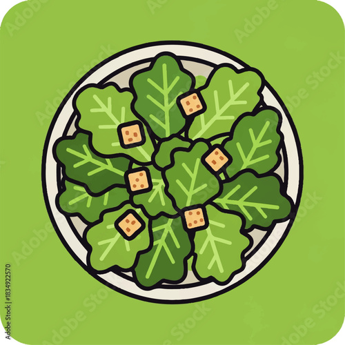 A Delicious Flat Vector Icon of a Fresh Salad, Featuring Crisp Lettuce and Golden Croutons on a White Plate