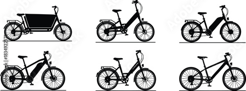 Electric bicycle silhouette collection, modern e-bike set with cargo bike, folding bike, mountain bike design for digital vector illustration