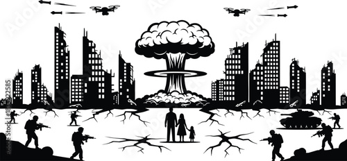 Post-Apocalyptic War Scene with Nuclear Explosion, Destroyed City, Soldiers, and Family Silhouettes Depicting Conflict, Loss, and Devastation