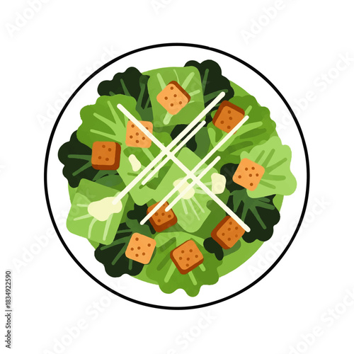 Flat vector icon representing a delicious and healthy Caesar salad with croutons and dressing, perfect for culinary and food-related content