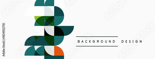 Abstract geometric shapes overlap, creating modern design. Colors include teal, orange, white, gray. Minimalist aesthetic.