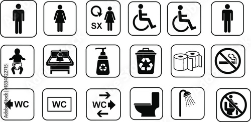 Public Restroom and Facility Black Vector Icon Set Includes Male, Female, Accessible, Transgender, Baby Changing, Shower, Toilet, and Hygiene Symbols for Signage