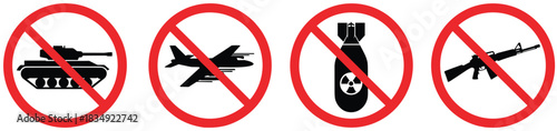 Silhouettes of Military Weapons with Red Prohibition Signs Representing Anti-War Message, Peace Advocacy, and Global Disarmament Symbolism