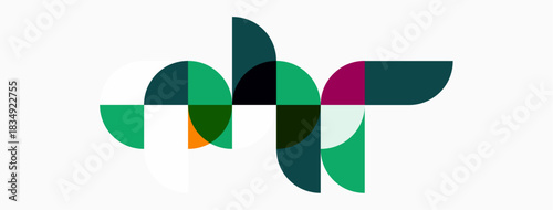 Abstract geometric shapes overlap, creating dynamic composition. Greens, teal, purple dominate neutral background. Modern design.