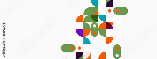 Abstract geometric shapes, vibrant colors, modern design. Composition features overlapping circles, squares, rectangles. Minimalist aesthetic.