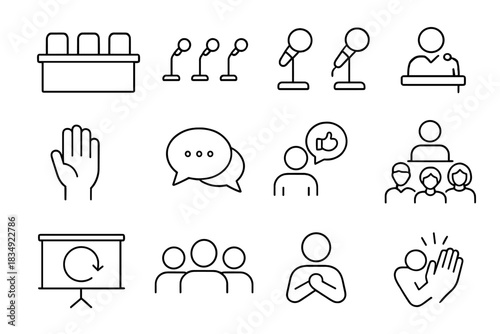 Icons opinion icon discussion table vector audience view chairs panel nameplates microphone