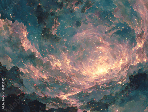 a swirling nebula with a bright, glowing center, surrounded by a mix of dark and illuminated clouds. The colors range from deep blues and blacks to warm yellows and oranges