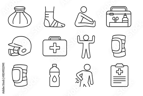 Aid elbow icon routine baseball report hydration helmet safety vector icons pack
