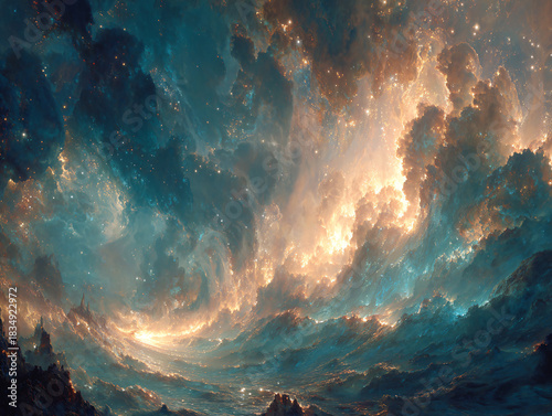 a swirling nebula with a bright, glowing center, surrounded by a mix of dark and illuminated clouds. The colors range from deep blues and blacks to warm yellows and oranges