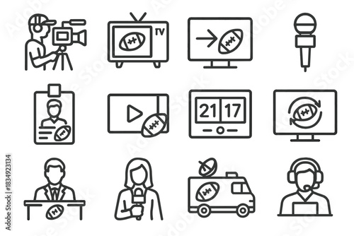 Commentator icon press motion football graphics pass replay vector booth media icons