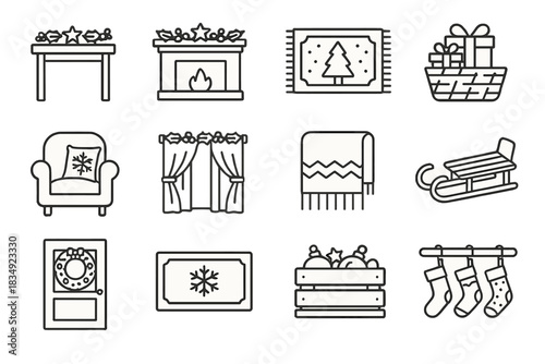 Vector curtains wreath icons festive rack door furniture wooden throw floor icon
