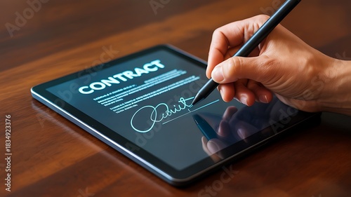 Digital contract signing on tablet with electronic signature confirmation
