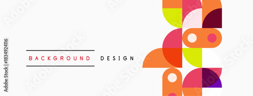 Abstract geometric shapes overlap, creating vibrant colorful background. Text labels background design present. Simple modern aesthetic.