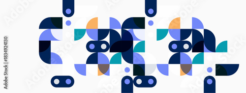 Abstract geometric shapes, circles, squares, overlapping forms create modern design. Blue, purple, orange hues dominate composition.