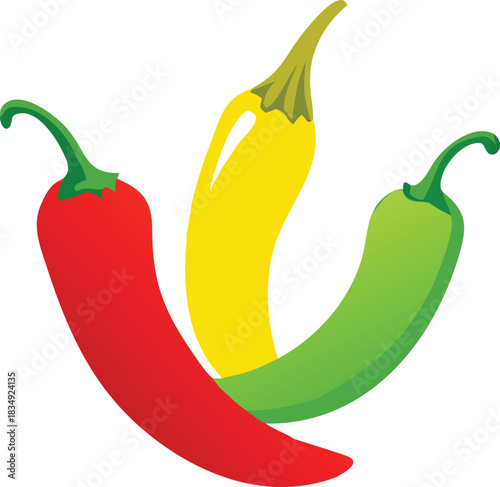 A vibrant illustration showcases three colorful chili peppers in red yellow and green
