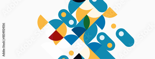 Abstract geometric shapes overlap, creating colorful composition. Blue, yellow, red hues dominate design. Modern aesthetic.