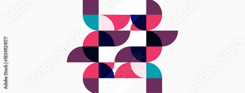 Abstract geometric pattern. Overlapping semicircles create complex visual texture. Pink, purple, teal hues dominate white background. Modern design.