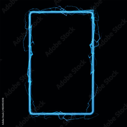 Thunderbolt blue lightning spark effect vector rectangle frame on black, bolt voltage border, energy beam electric burst