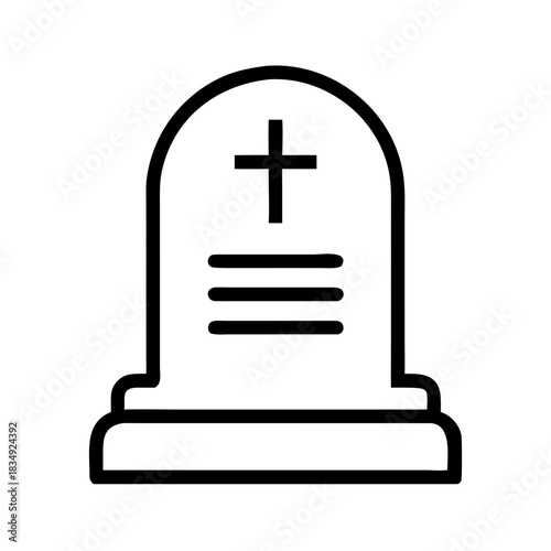 Simple line drawing of a gravestone with a cross symbol  
