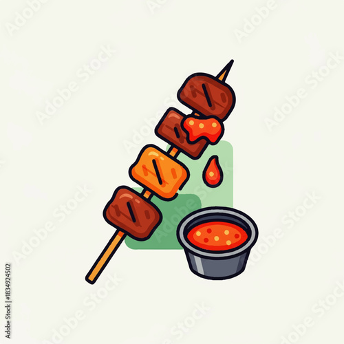 Flat vector icon of a delicious grilled meat skewer with savory cubes and sauce, served alongside a dipping sauce. Perfect for culinary designs, menus, and food applications