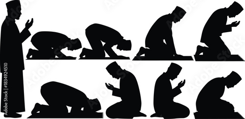 Islamic prayer positions silhouette set showing worship, sujud, ruku and dua, Muslim man praying on sajjadah for religion and spirituality