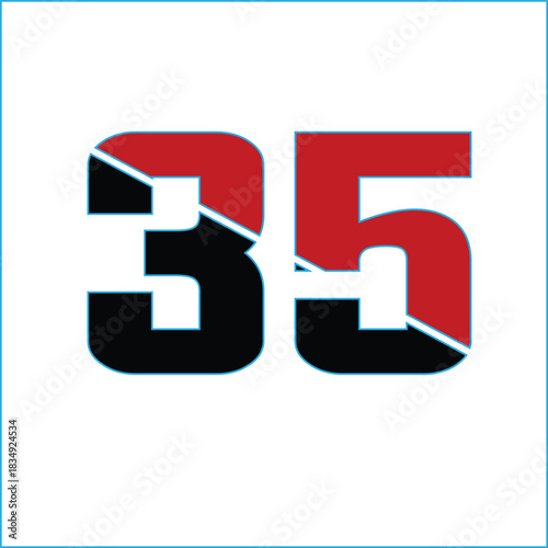 Stylized number thirtyfive with yellow fill and red outline on