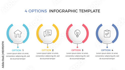 Infographic template with four circular elements arranged in a row, four step process or four options
