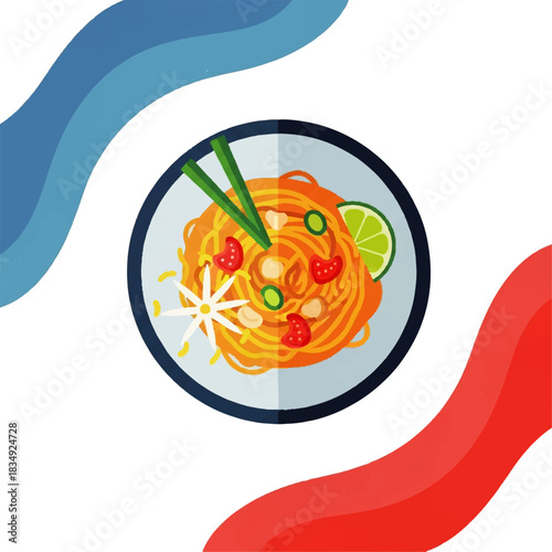 Flat vector icon of a delicious Asian noodle dish, garnished with lime, peanuts, and green onions, perfect for food-related designs and digital culinary content