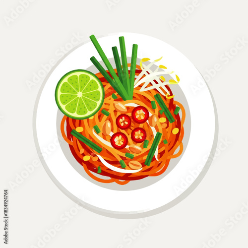 Vibrant flat vector illustration of traditional Pad Thai noodles, served on a white plate with fresh lime, peanuts, and green onions, depicting a delicious Asian culinary staple