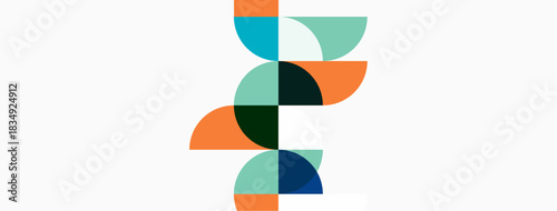 Abstract geometric design. Colorful semicircles overlap creating spiral pattern. Minimalist style, clean lines, modern aesthetic.