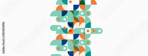 Abstract geometric shapes, teal, orange, blue hues. Minimalist design, clean lines, modern aesthetic. Composition feels playful, balanced.