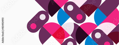 Abstract pattern features overlapping circles, vibrant pinks, purples, blues. Modern design, clean lines, simple geometry.