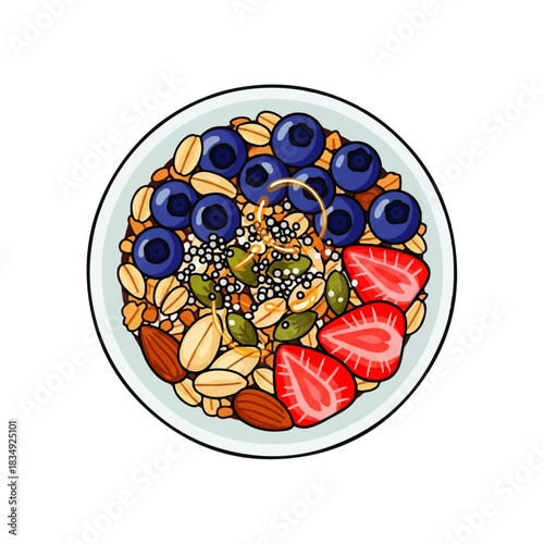 Flat vector graphic of a healthy breakfast bowl with oats, blueberries, strawberries, almonds, and seeds, symbolizing a nutritious and balanced morning meal