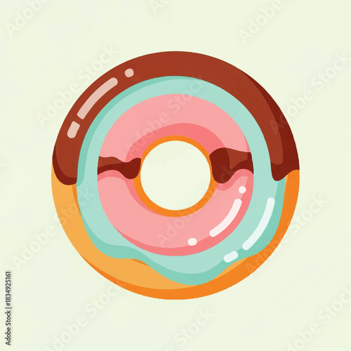 A vibrant and delicious looking donut with multiple layers of colorful frosting, including chocolate, pink, and blue, presented as a clean flat vector illustration