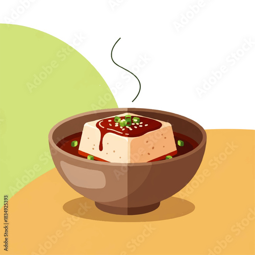 A minimalist flat vector icon of a traditional Asian tofu dish served hot with a savory sauce and garnished with scallions
