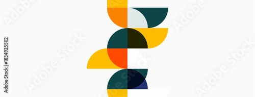 Abstract geometric design. Overlapping circles create spiral form. Warm, cool colors contrast against white background. Modern, minimalist aesthetic.