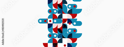 Abstract geometric shapes, red, blue, teal. Minimalist design, clean lines, modern aesthetic. Composition features overlapping circles, squares.