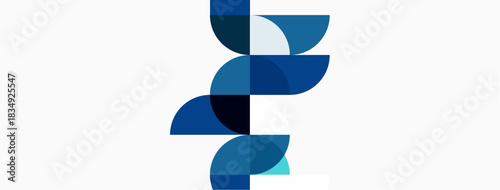 Abstract design features overlapping blue semicircles. Minimalist composition with white background. Modern, clean aesthetic. Simple geometry creates dynamic visual.