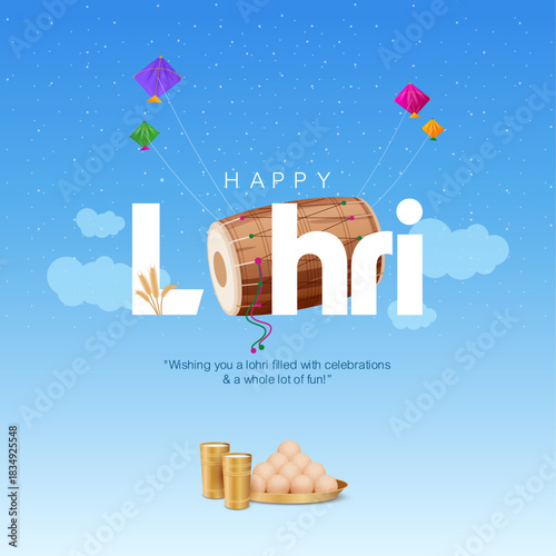 A modern Lohri typography design where the letters creatively blend with a traditional dhol and flying kites. Perfect for digital cards, festive posts, and event promotions.