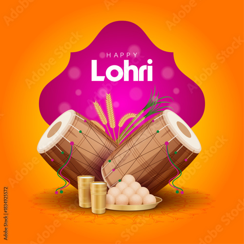 A bright orange-and-pink Lohri design featuring crossed dhols, wheat stalks, sweets, and a festive decorative frame. Perfect for Lohri greeting cards, posters, and festive branding.
