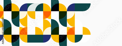 Abstract geometric pattern. Circles, semicircles, rectangles create bold visual texture. Yellow, orange, teal, black dominate composition. Minimalist design.