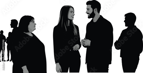 People talking silhouette set, group conversation and social interaction illustration, communication, discussion and casual meeting scene for design