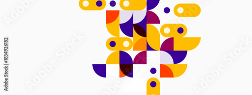 Abstract geometric shapes, yellow, purple hues dominate composition. Modern design, clean lines, minimalist aesthetic.