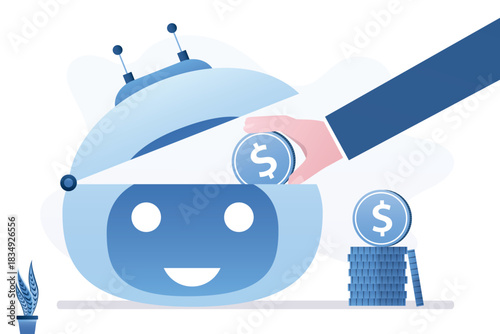 Businessman or developer hand insert coins into giant robot head. Creating and developing innovative robot or chatbot. Setting or training neural network with ai